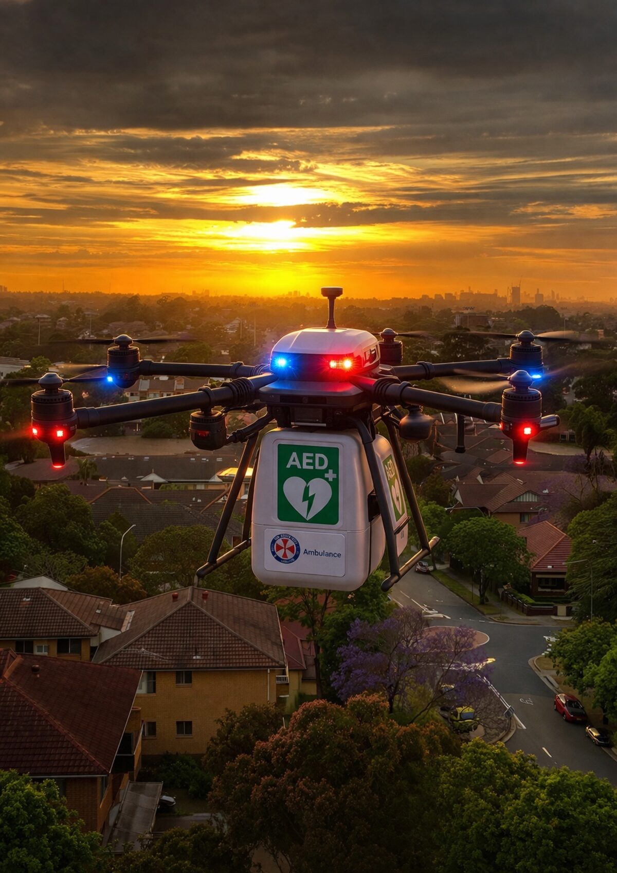 AED-equipped delivery drone in flight over suburban Sydney at sunrise, with NSW Ambulance branding visible on the payload housing.