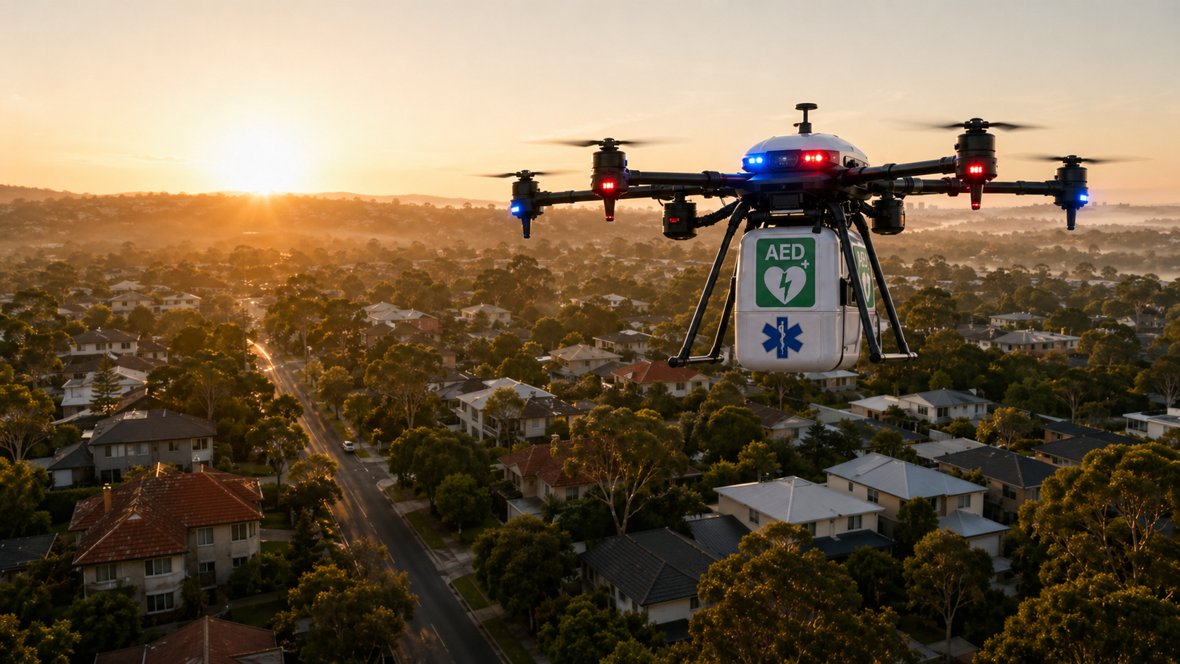 A drone-delivered automated external defibrillator descends over a Sydney residential street at dawn, illustrating the four-minute time-to-AED window the LIFT pilot is designed to close.