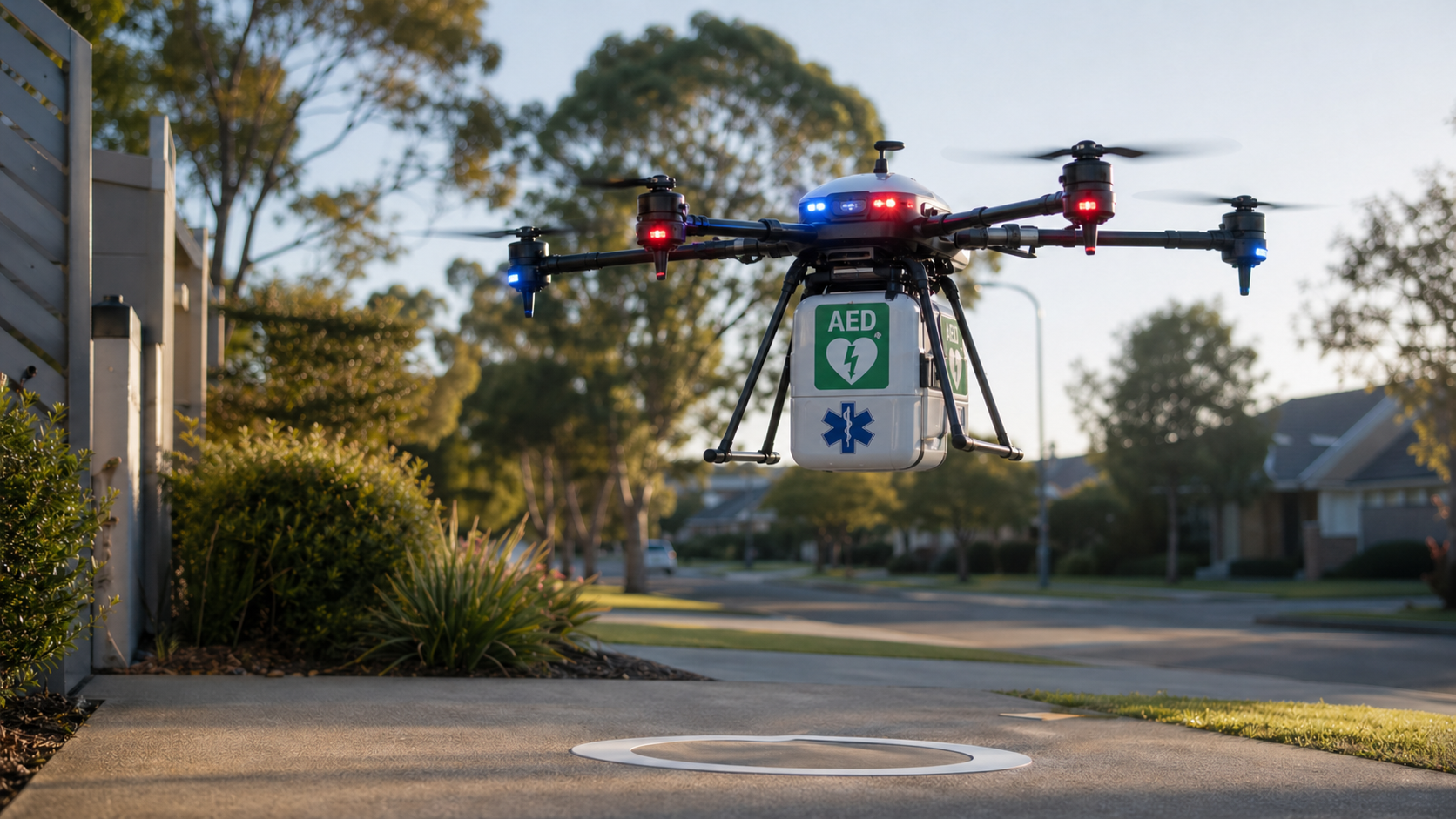 A bystander attaches automated external defibrillator pads to a cardiac-arrest patient's chest moments after a drone has delivered the device, with the ambulance still en route.