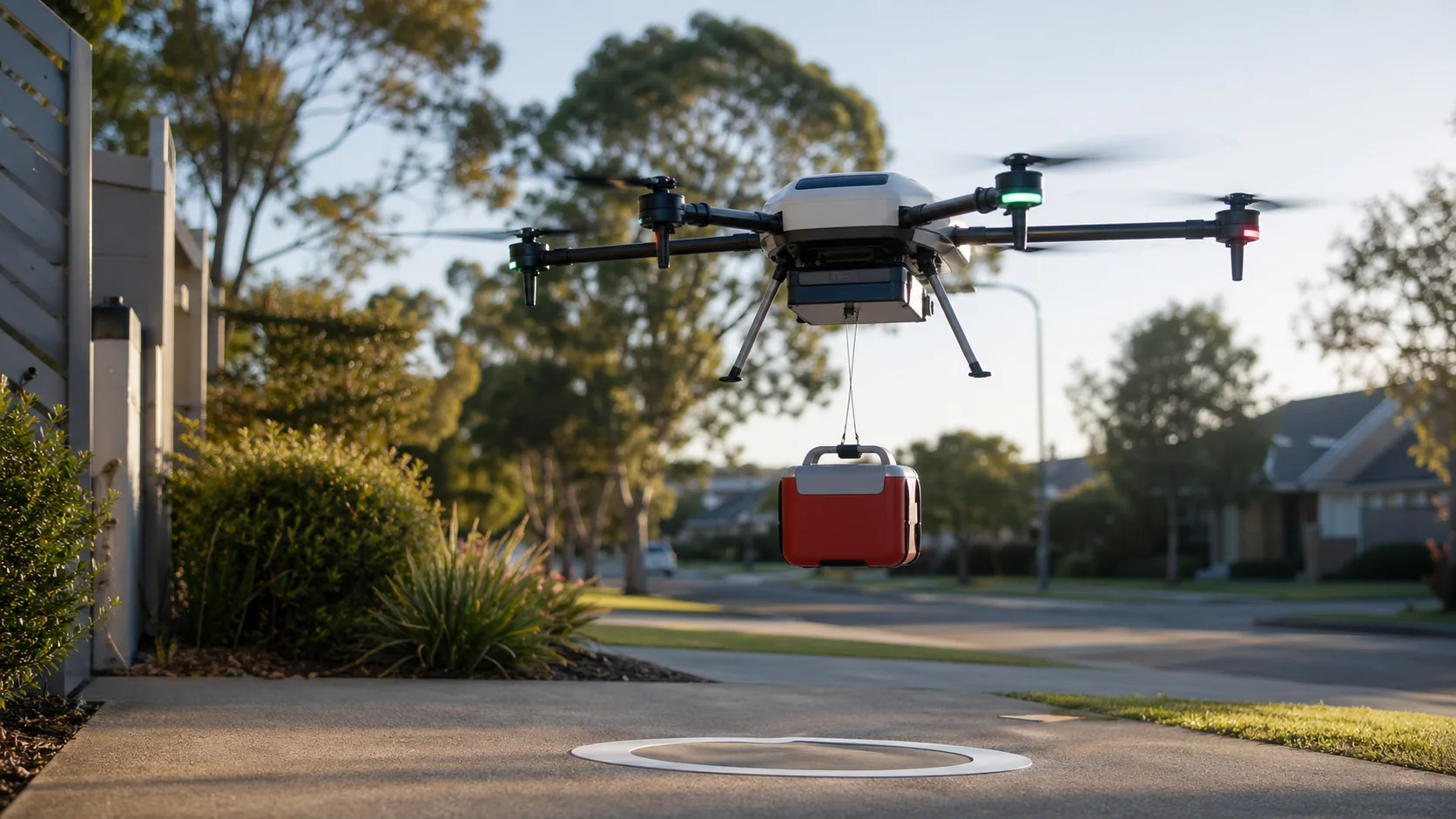 Cargo drone lowering an AED case into a safe suburban delivery area.
