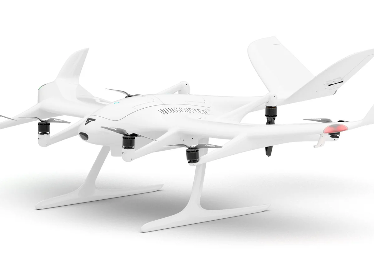 Front view of a Wingcopter 198 cargo drone used as a candidate airframe reference.