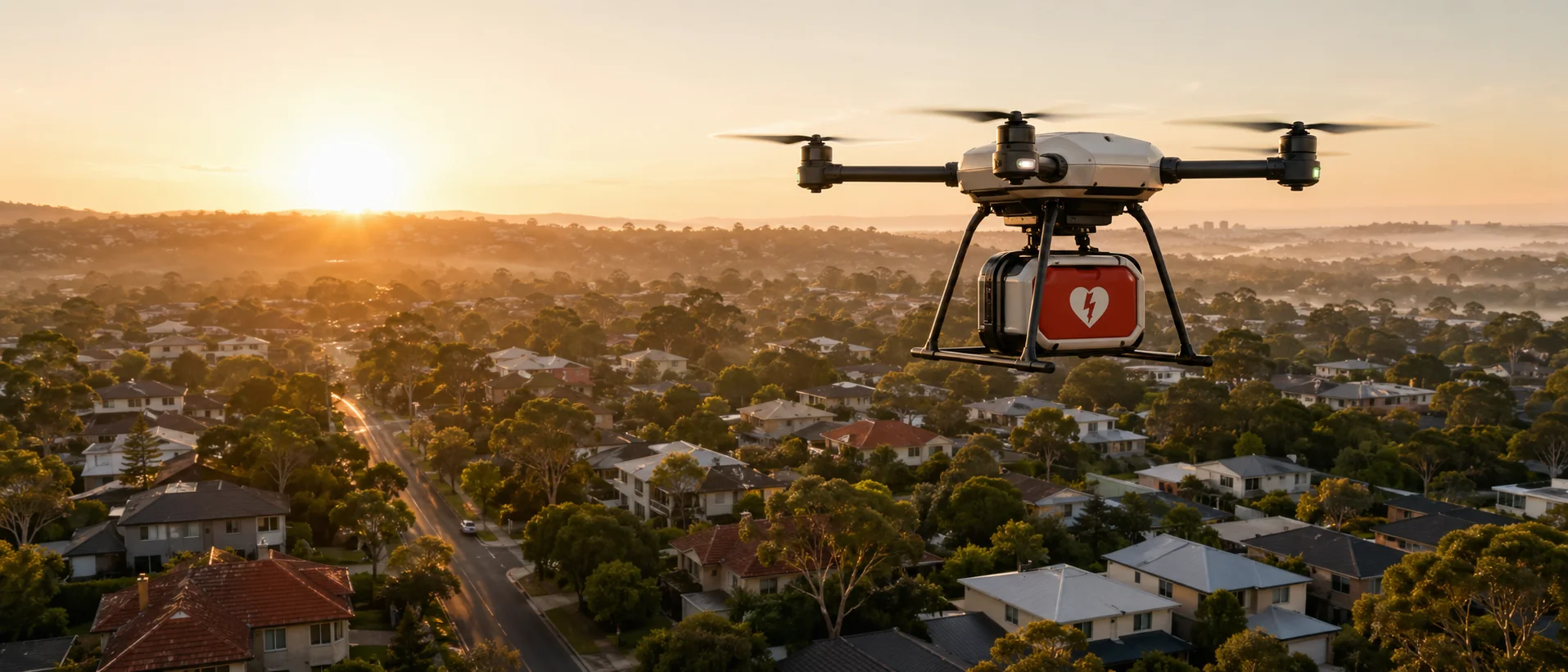 Cargo drone carrying an AED over a quiet Australian suburb at sunrise.