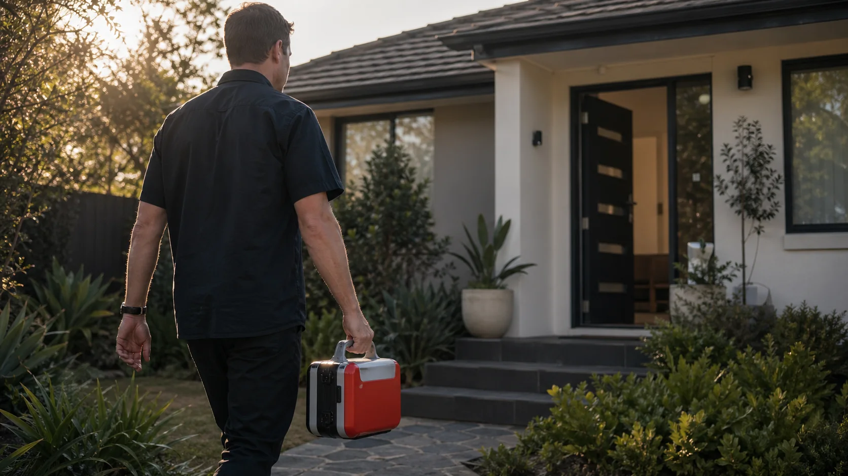 Neighbour carrying a compact AED case toward a suburban home entrance in morning light.